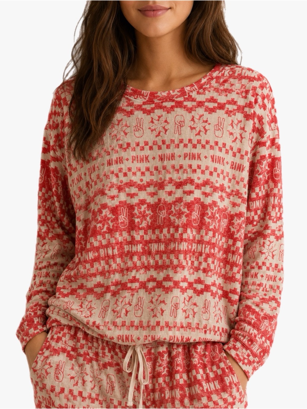 NWT Victoria’s Secret PINK Pajama Top Medium Fair Isle Print Sleep Loungewear